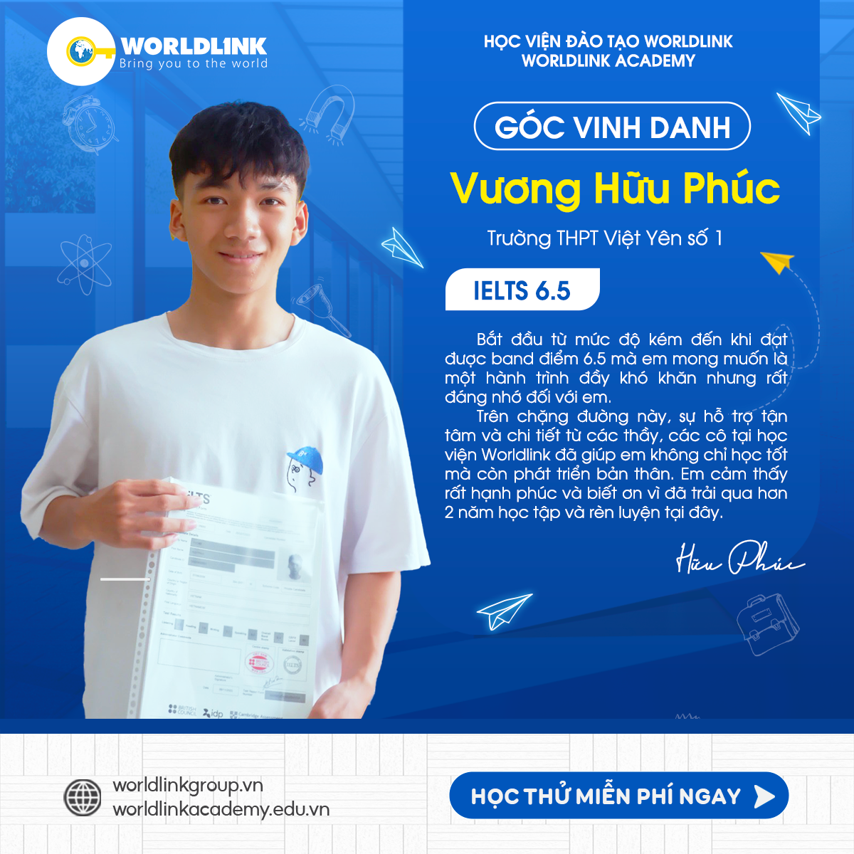 Học viên Vương Hữu Phúc - IELTS 6.5 Overall